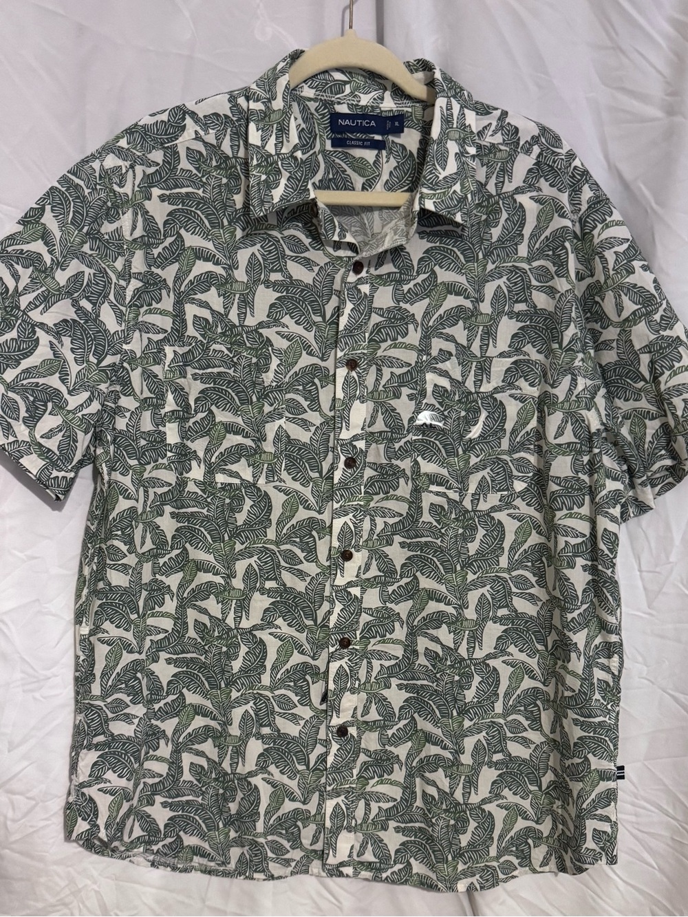 Nautica White Short-Sleeve Button-Down with Green Leaf Print